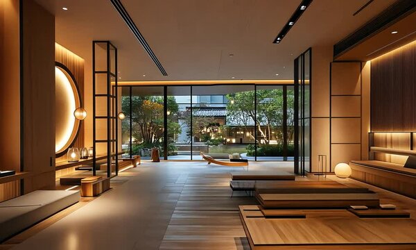 Modern minimalist Japanese hotel lobby interior design.