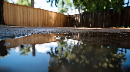 Naklejka premium Backyard with standing water reflecting the surrounding trees and sky, capturing the serene beauty of nature's reflection and the tranquility of a still moment.