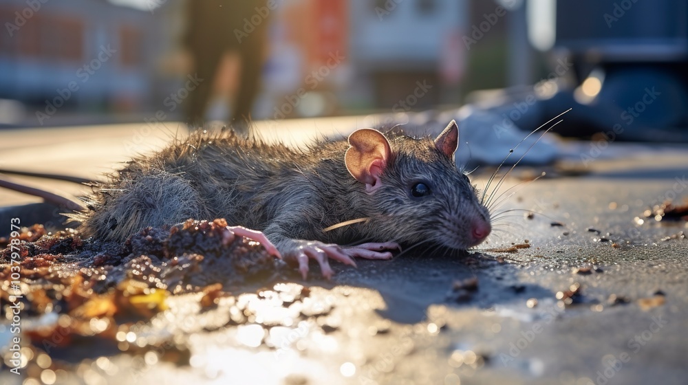 Wall mural Close up of a deceased rat on the road Extermination of a pest rat