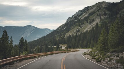 Fototapeta premium Winding road in the mountains with pine forest