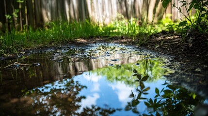 Obraz premium Backyard with standing water reflecting the surrounding trees and sky, capturing the serene beauty of nature's reflection and the tranquility of a still moment.