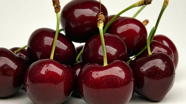 A close-up of red, ripe cherries with green stems, showcasing their glistening texture
