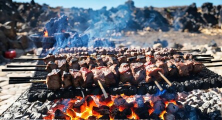 Shashlyk, grilled meat and vegetables