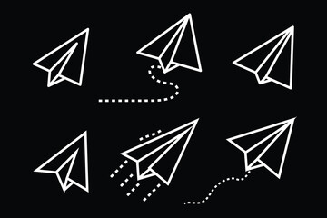 Vector paper airplane. Set of hand drawn paper plane icon vector illustration. Travel, route symbol, icon. Hand drawn doodle airplane. Black, white linear paper plane icon.