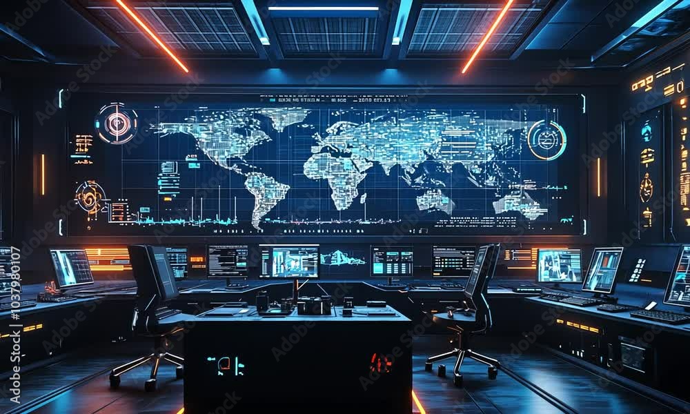 Wall mural futuristic tech room with glowing screens displaying data and a world map.