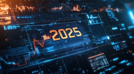 Fototapeta premium Futuristic digital interface displaying the year 2025 with data visualization elements.