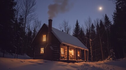 Cozy Cabin in the Woods at Night with Smoke