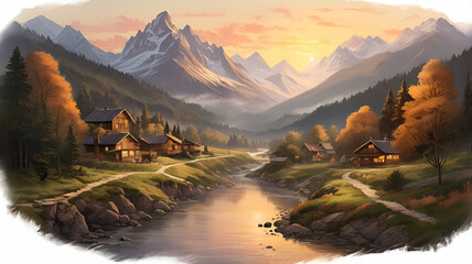 Golden Dawn Over a Mountain Village