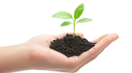 A hand holding soil with a small green plant sprouting, symbolizing growth and sustainability.