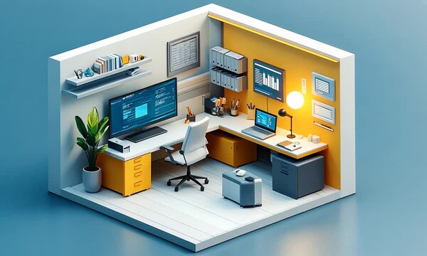 A 3D isometric perspective view of a brightly lit home office with a desk, computer, chair, plant, and a lamp, against a blue background.