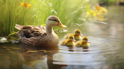 Family of ducks swimming in pond, ducklings following closely behind, charming scene of wildlife 