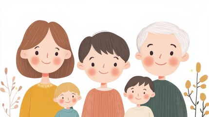 family portrait with three generations, including grandparents, parents, and children, all standing together in a garden and smiling.