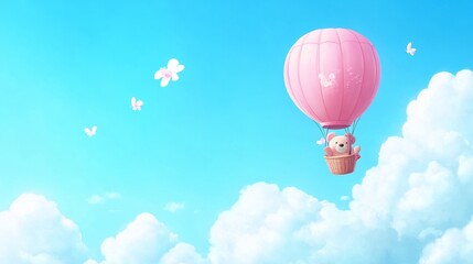 Fototapeta premium Cute Pink Teddy Bear Flying in Hot Air Balloon with Butterflies