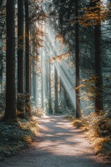Sunlight Streaming Through a Tranquil Forest Path