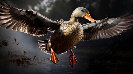 arafed duck flying in the air with its wings spread  