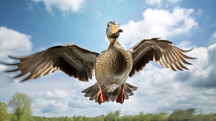 arafed duck flying in the air with its wings spread  