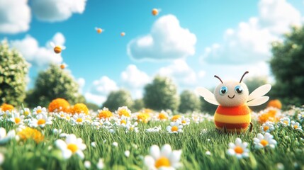 Naklejka premium Cute Cartoon Bee in Daisy Field with Blue Sky and Clouds