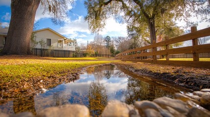 Backyard with standing water reflecting the surrounding trees and sky, capturing the serene beauty of nature's reflection and the tranquility of a still moment.