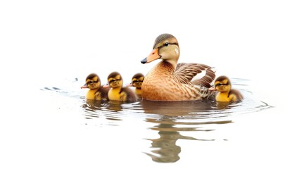 A duck swims with its chicks in a calm pond isolated on a white background 