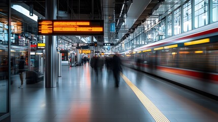 Blurred Motion of Train Rushing Through Busy Urban Railway Station Platform
