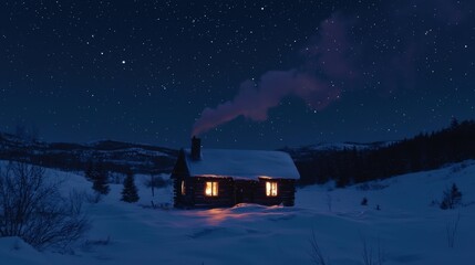 Cozy Cabin in the Snowy Night with Rising Smoke