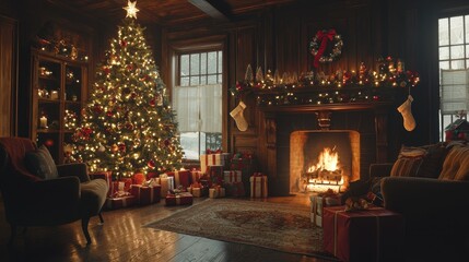 Cozy Christmas Living Room with Decorated Tree