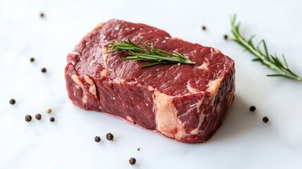 Obraz premium A beautifully marbled beef steak displayed on a white background, showcasing its rich texture and color, perfect for culinary promotions.