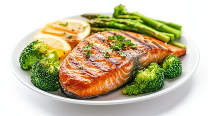 A beautifully plated roasted salmon steak with tender asparagus and steamed broccoli, set against a white background. Simple and wholesome.