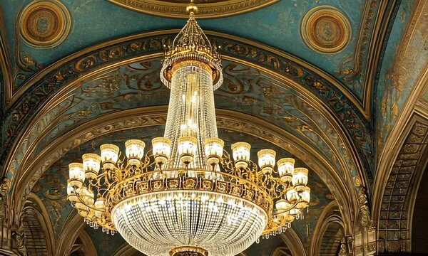 A large crystal chandelier hangs from a vaulted ceiling in an ornate building, its golden frame reflecting light.