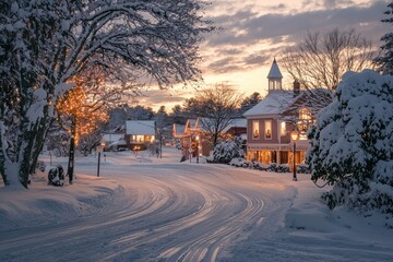 Warm Lights in Snow Covered Village at Sunset