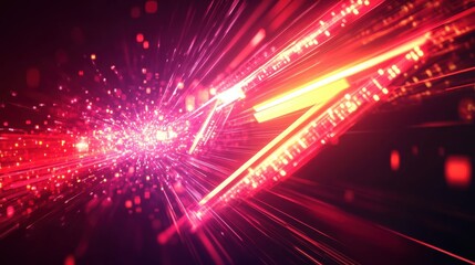 Fototapeta premium Abstract red neon light arrow speed background. Futuristic glow tech gamer graphic for banner. Fast move cyber casino design with yellow led beam. 3d triangle perspective dynamic digital party bg. 