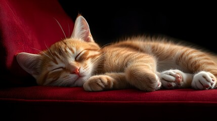 Adorable Ginger Kitten Sleeping Peacefully on a Soft Red Velvet Cushion