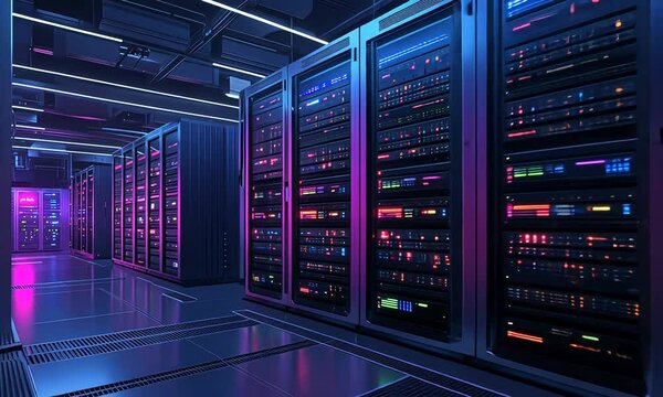Rows of servers in a server room with neon lights.