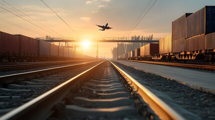Fototapeta premium Sunset at Freight Train Rail Yard with Airplane in Sky