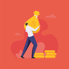 Business Financial success goal, businessman carrying big heavy sack full of cash money, Profit earning and financial freedom