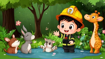 Happy Firefighter Boy with Animals in Forest Illustration