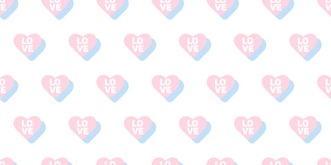 Seamless pattern with pink hearts in retro style. Horizontal banner with heart shaped candies with love lettering. For Valentine backgrounds, wrapping paper and textile. Concept of love, romance
