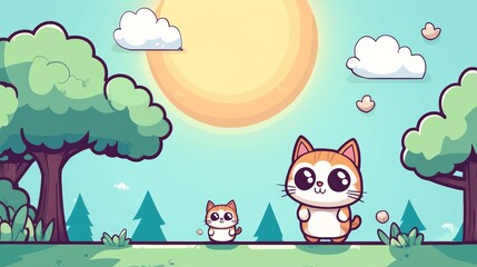 Naklejka premium Cute Cartoon Cats in Summer Forest Landscape Illustration