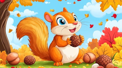 Obraz premium Cute Cartoon Squirrel Holding Nut in Autumn Forest Illustration