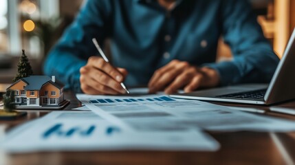 Real estate agent and a client reviewing a property purchase agreement at a sleek office desk surrounded by financial documents a laptop and a property model