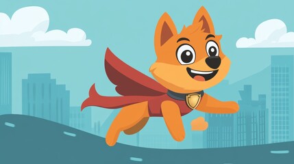 Super Dog Hero Flying over Cityscape Cartoon Illustration