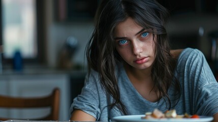 Contemplative Woman Staring at Food