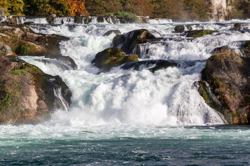 Rhine Falls view from boat. The largest waterfall in Europe, located on the border of Switzerland and Germany