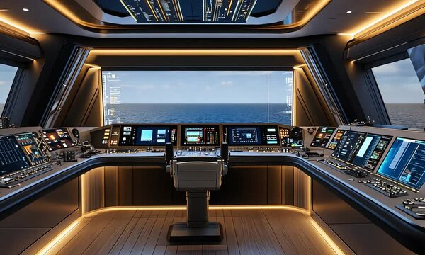 The bridge of a modern luxury yacht with a world map on the screen, multiple monitors and control panels, and a futuristic interior design.