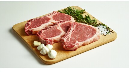Fototapeta premium A flat-lay of fresh beef steaks, placed on a wooden cutting board, surrounded by garlic cloves and herbs, on a white background. Rustic and appetizing.