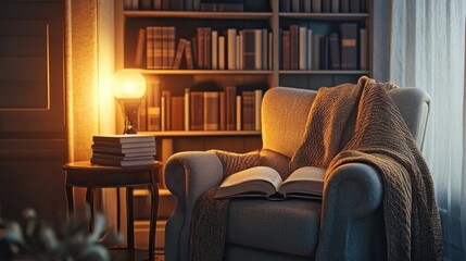 Fototapeta premium A small reading nook with a cozy armchair, a side table holding a softly glowing lamp, and a stack of books nearby.