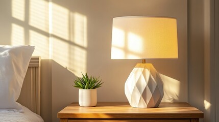 A stylish ceramic-based table lamp with a bold geometric shade, adding contemporary flair to a wooden bedside table.