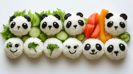 A fun bento box for kids, featuring rice balls shaped like pandas, with vegetable accents, all arranged on a white background. Nutritious and cute.