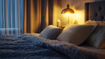 A tranquil evening scene with a bedside lamp glowing warmly beside a neatly made bed with fluffy pillows and a thick comforter.