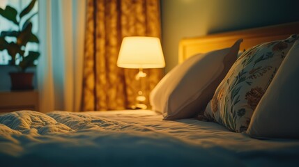 A tranquil evening scene with a bedside lamp glowing warmly beside a neatly made bed with fluffy pillows and a thick comforter.